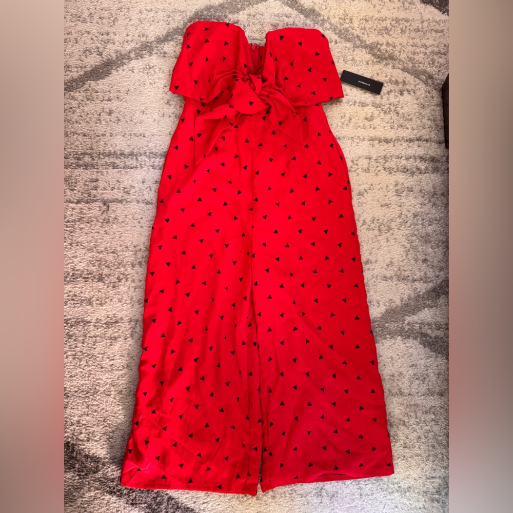 Lulus NWT Red Jumpsuit with Black Triangle Pattern
